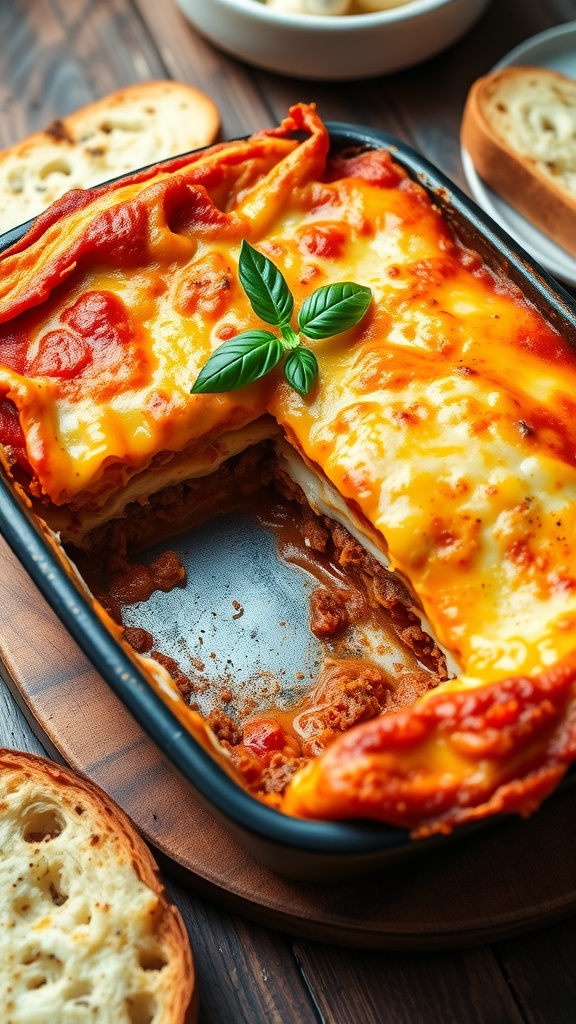 Classic lasagna with layers of beef, cheese, and marinara, served on a wooden table with garlic bread.